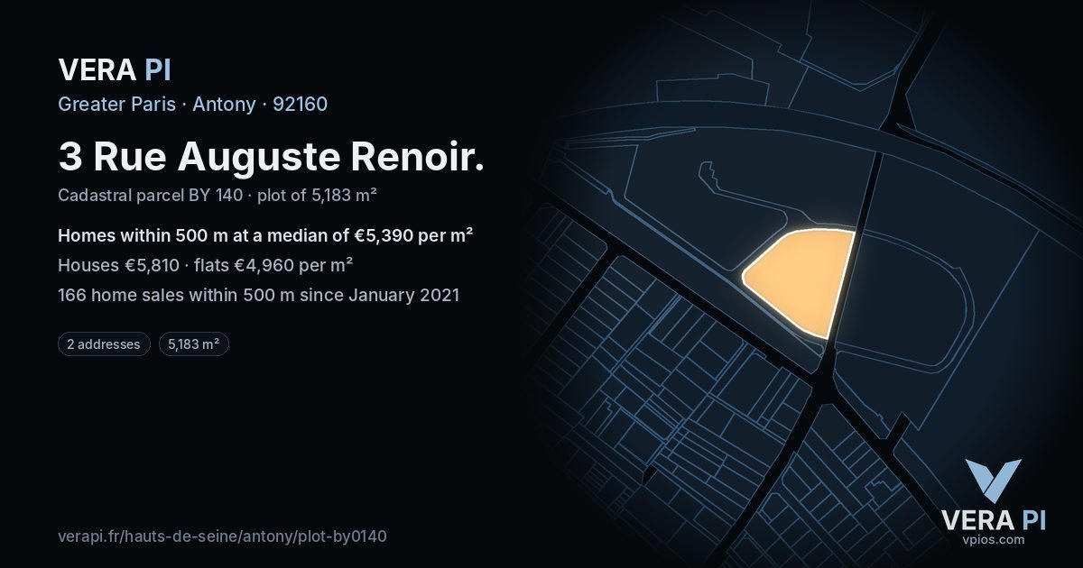 3 Rue Auguste Renoir, Antony at night – the plot lit, the parcels around coloured by the prices near them