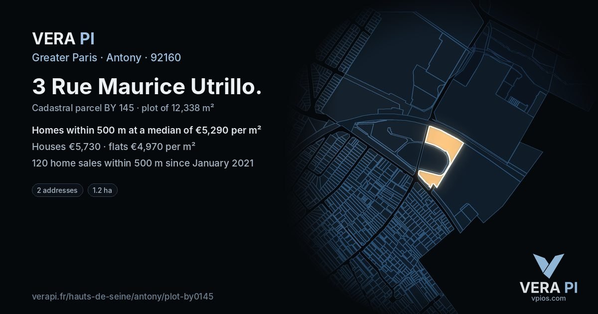 3 Rue Maurice Utrillo, Antony at night – the plot lit, the parcels around coloured by the prices near them