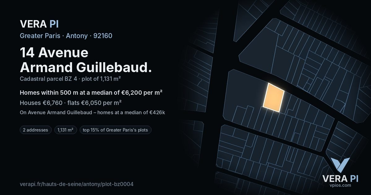 14 Avenue Armand Guillebaud, Antony at night – the plot lit, the parcels around coloured by the prices near them