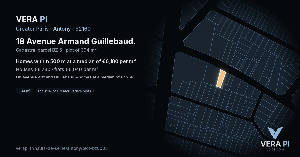 18 Avenue Armand Guillebaud, Antony at night – the plot lit, the parcels around coloured by the prices near them