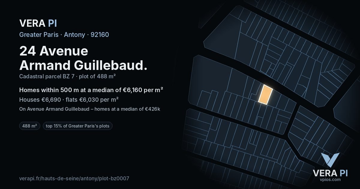 24 Avenue Armand Guillebaud, Antony at night – the plot lit, the parcels around coloured by the prices near them