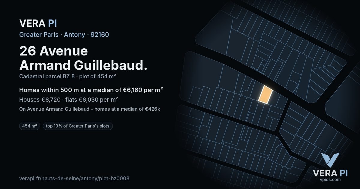 26 Avenue Armand Guillebaud, Antony at night – the plot lit, the parcels around coloured by the prices near them