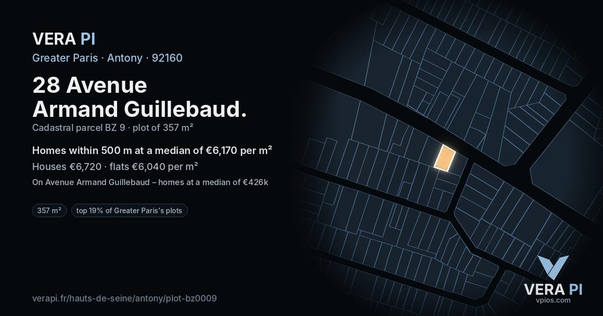 28 Avenue Armand Guillebaud, Antony at night – the plot lit, the parcels around coloured by the prices near them