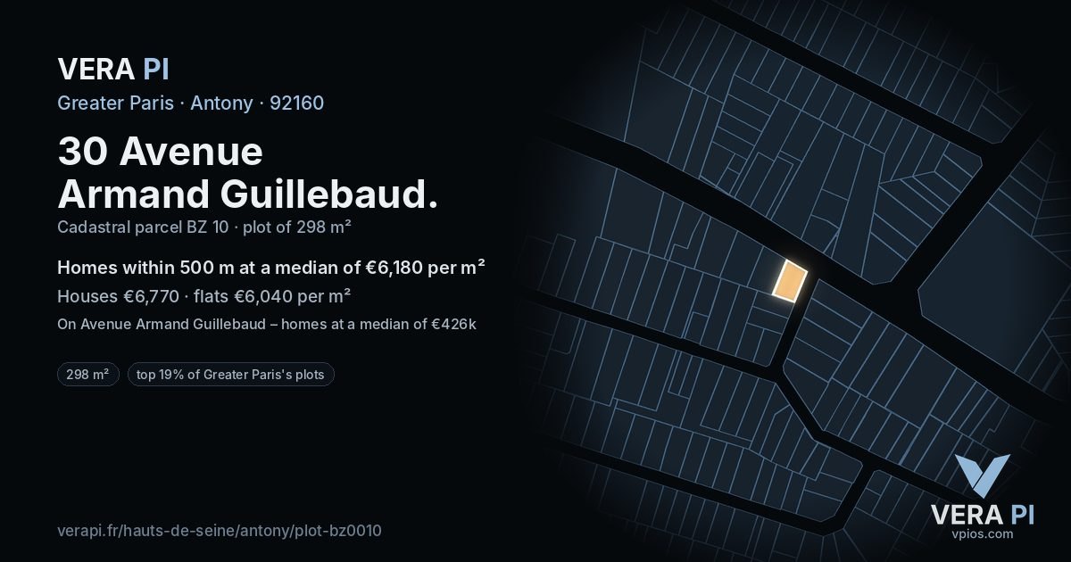 30 Avenue Armand Guillebaud, Antony at night – the plot lit, the parcels around coloured by the prices near them