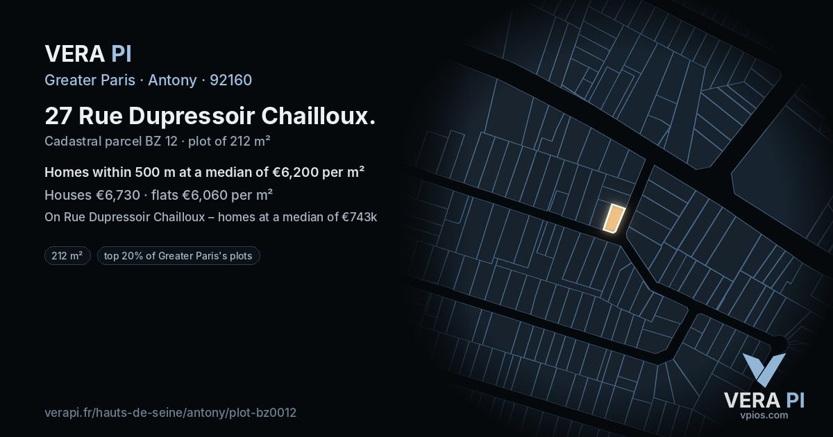 27 Rue Dupressoir Chailloux, Antony at night – the plot lit, the parcels around coloured by the prices near them