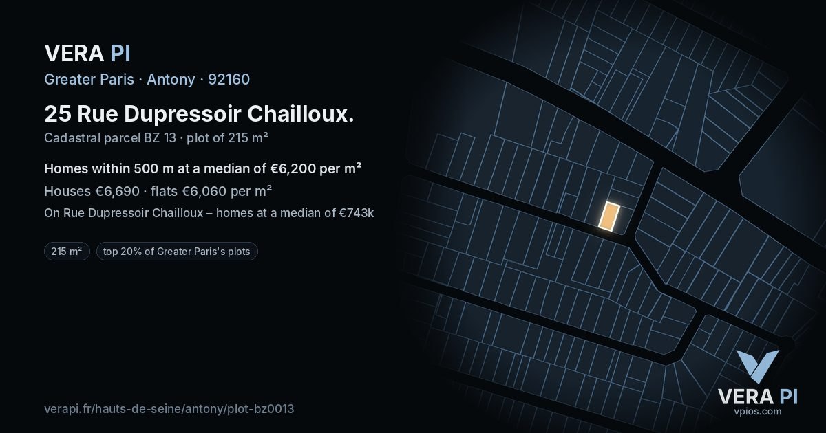 25 Rue Dupressoir Chailloux, Antony at night – the plot lit, the parcels around coloured by the prices near them