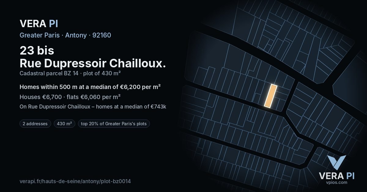 23 bis Rue Dupressoir Chailloux, Antony at night – the plot lit, the parcels around coloured by the prices near them