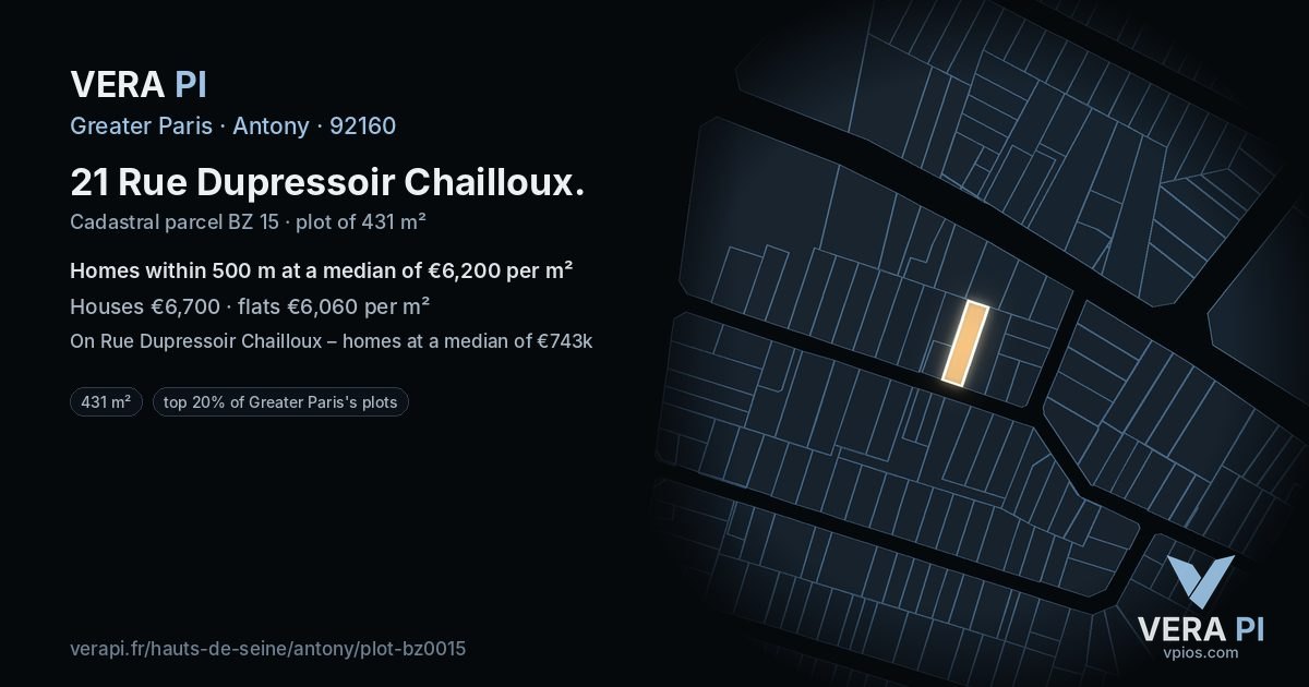 21 Rue Dupressoir Chailloux, Antony at night – the plot lit, the parcels around coloured by the prices near them