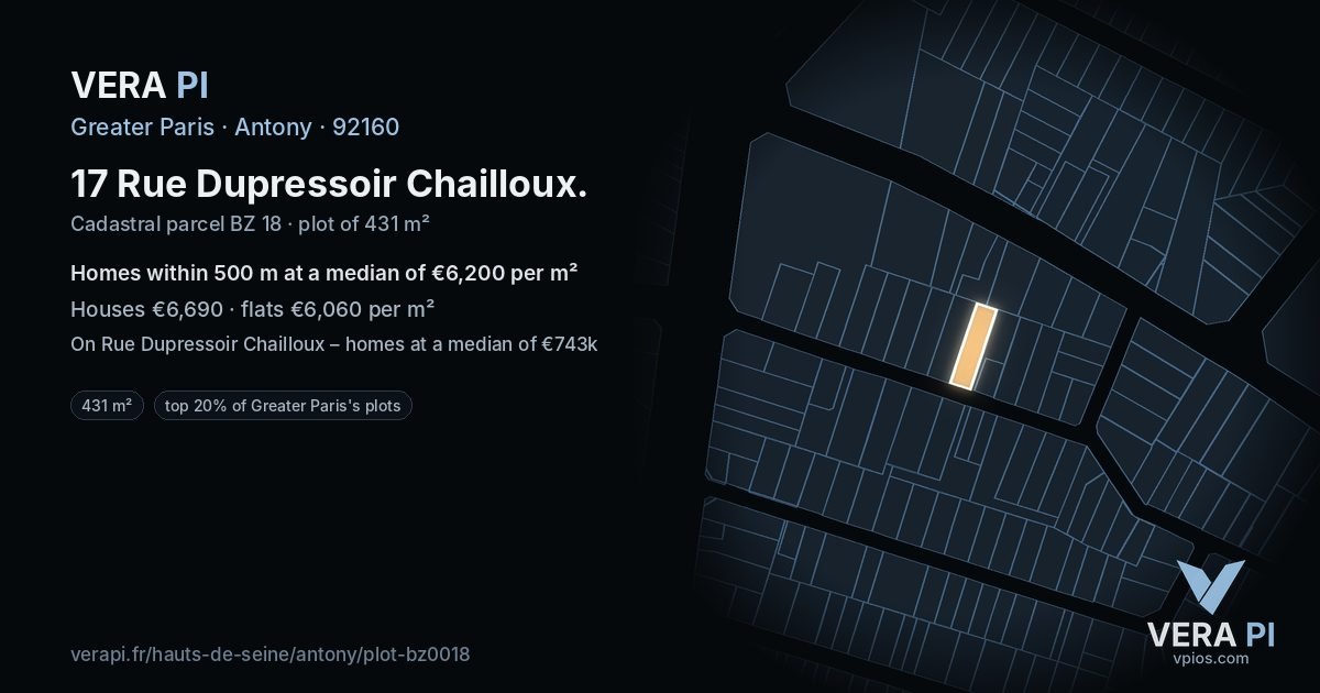 17 Rue Dupressoir Chailloux, Antony at night – the plot lit, the parcels around coloured by the prices near them