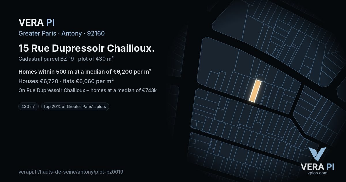 15 Rue Dupressoir Chailloux, Antony at night – the plot lit, the parcels around coloured by the prices near them