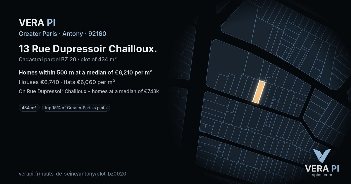 13 Rue Dupressoir Chailloux, Antony at night – the plot lit, the parcels around coloured by the prices near them