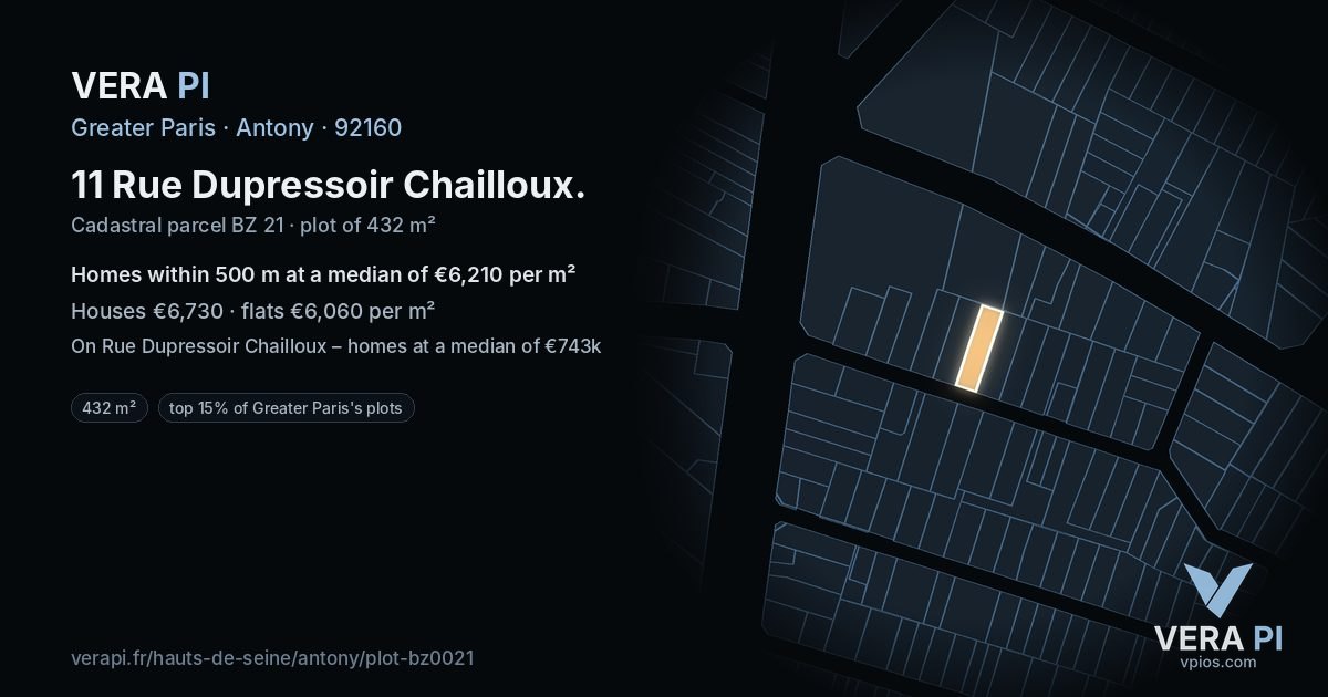 11 Rue Dupressoir Chailloux, Antony at night – the plot lit, the parcels around coloured by the prices near them