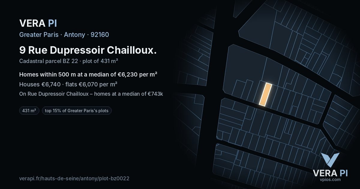 9 Rue Dupressoir Chailloux, Antony at night – the plot lit, the parcels around coloured by the prices near them