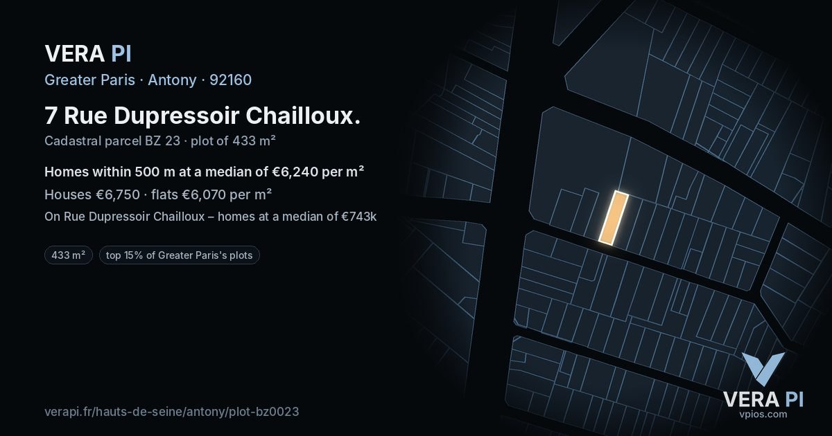 7 Rue Dupressoir Chailloux, Antony at night – the plot lit, the parcels around coloured by the prices near them