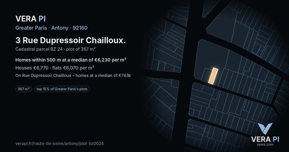3 Rue Dupressoir Chailloux, Antony at night – the plot lit, the parcels around coloured by the prices near them