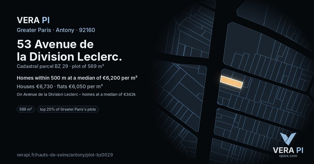 53 Avenue de la Division Leclerc, Antony at night – the plot lit, the parcels around coloured by the prices near them