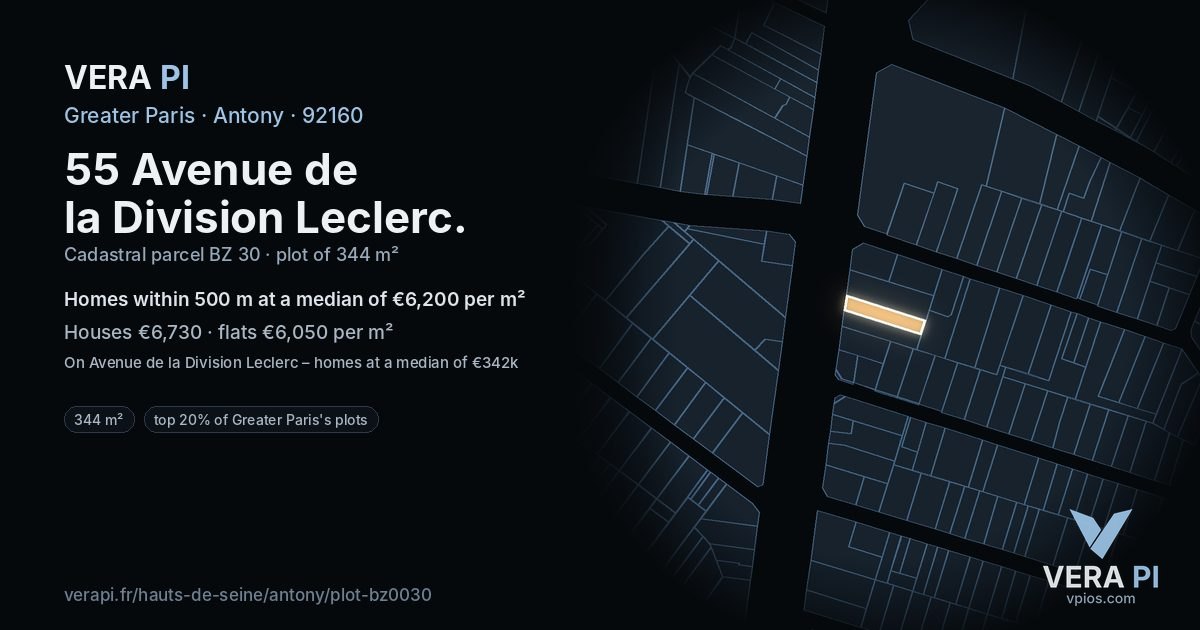 55 Avenue de la Division Leclerc, Antony at night – the plot lit, the parcels around coloured by the prices near them