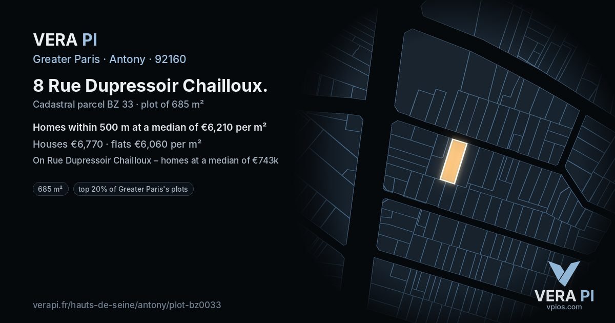 8 Rue Dupressoir Chailloux, Antony at night – the plot lit, the parcels around coloured by the prices near them