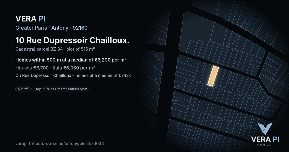 10 Rue Dupressoir Chailloux, Antony at night – the plot lit, the parcels around coloured by the prices near them