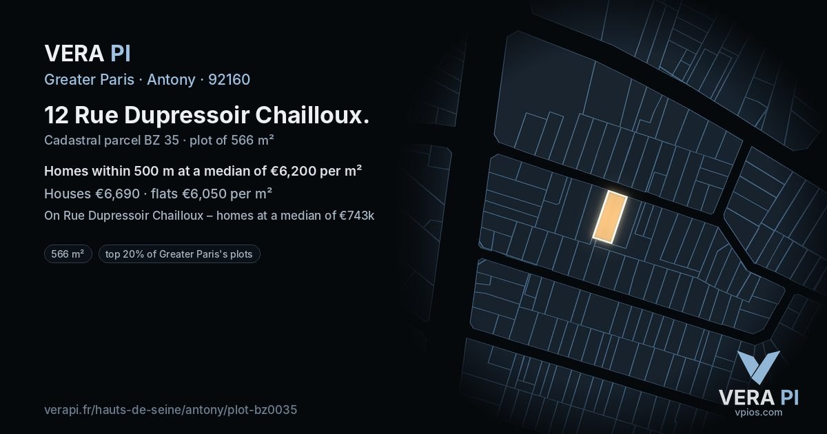 12 Rue Dupressoir Chailloux, Antony at night – the plot lit, the parcels around coloured by the prices near them