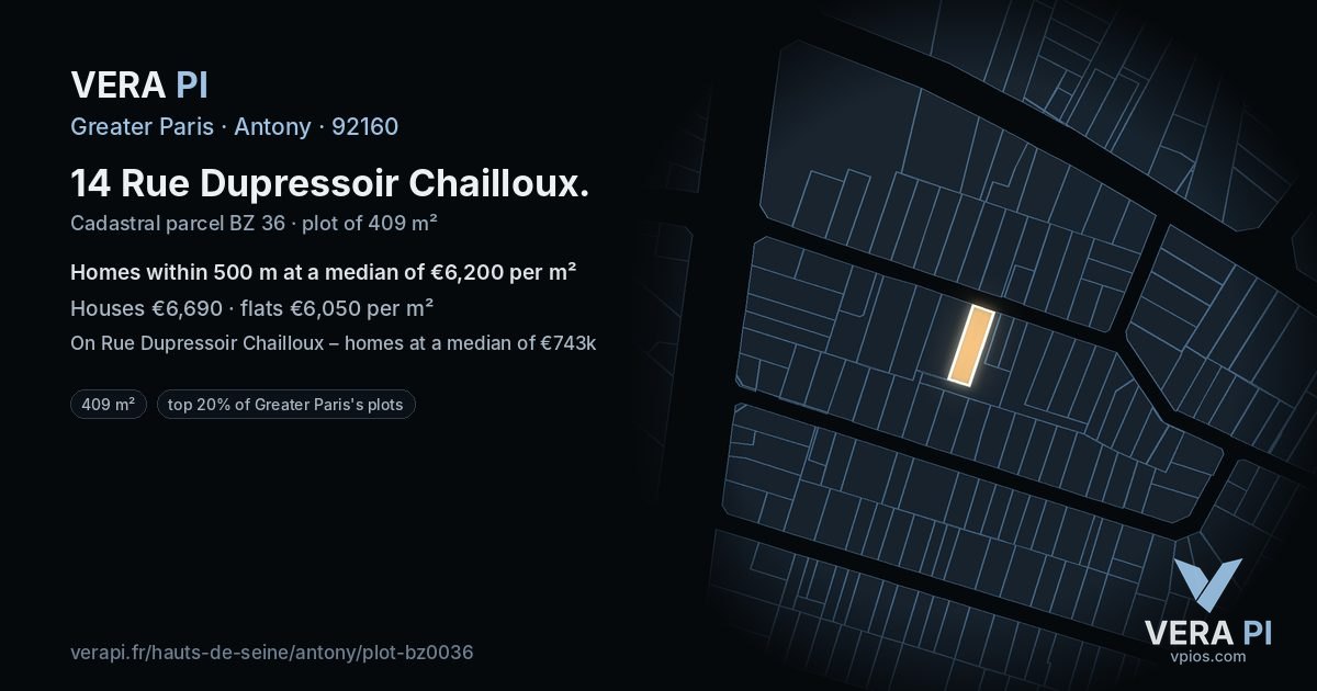 14 Rue Dupressoir Chailloux, Antony at night – the plot lit, the parcels around coloured by the prices near them