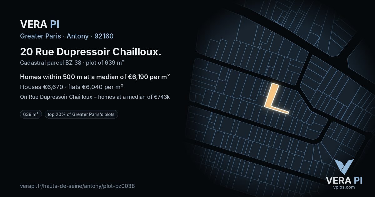 20 Rue Dupressoir Chailloux, Antony at night – the plot lit, the parcels around coloured by the prices near them