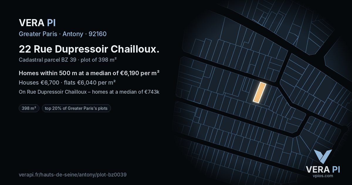 22 Rue Dupressoir Chailloux, Antony at night – the plot lit, the parcels around coloured by the prices near them