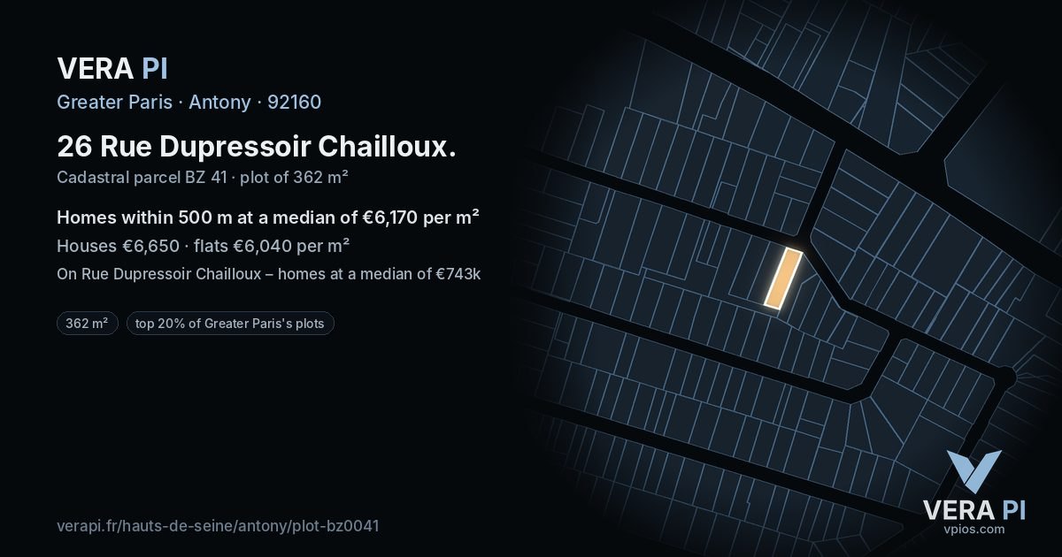 26 Rue Dupressoir Chailloux, Antony at night – the plot lit, the parcels around coloured by the prices near them