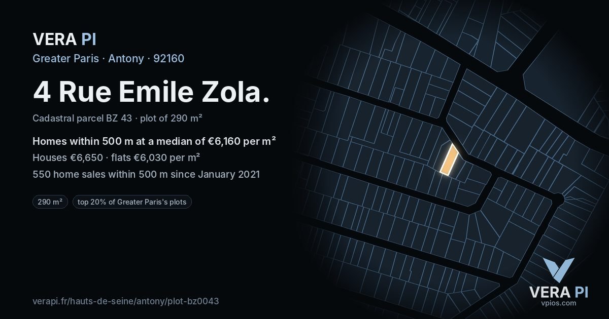 4 Rue Emile Zola, Antony at night – the plot lit, the parcels around coloured by the prices near them