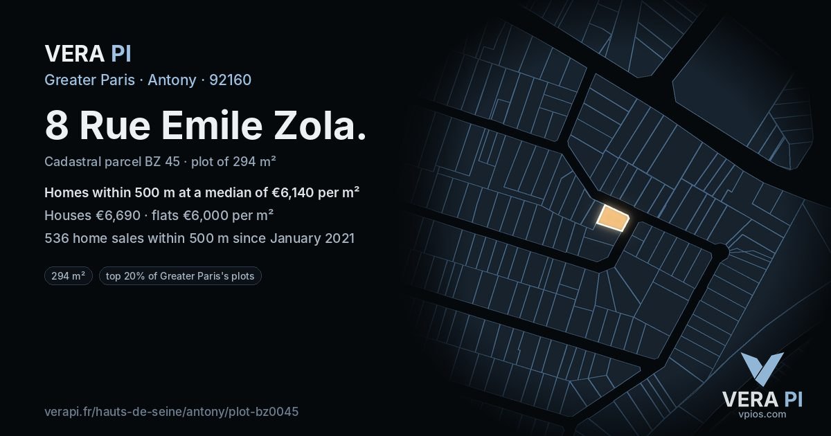 8 Rue Emile Zola, Antony at night – the plot lit, the parcels around coloured by the prices near them