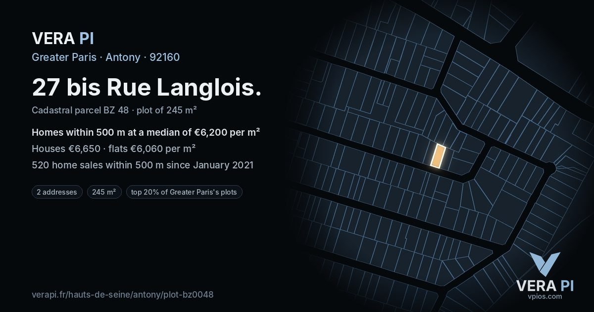 27 bis Rue Langlois, Antony at night – the plot lit, the parcels around coloured by the prices near them