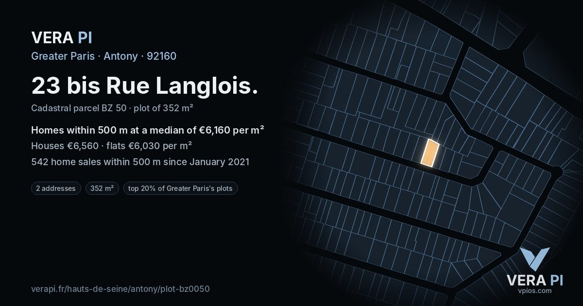 23 bis Rue Langlois, Antony at night – the plot lit, the parcels around coloured by the prices near them