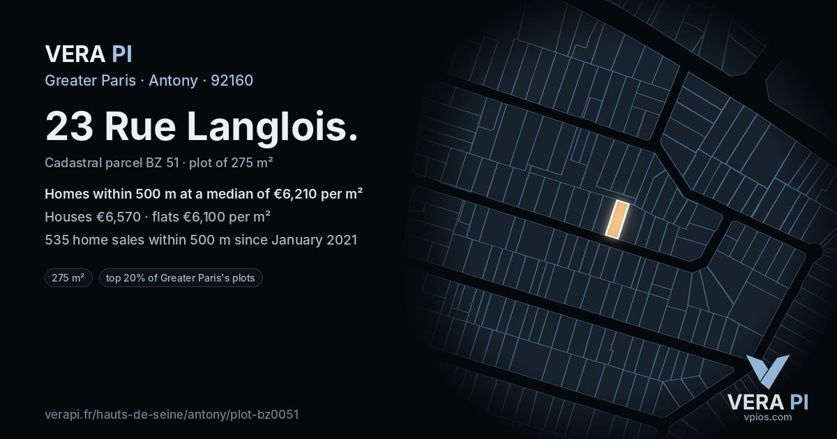 23 Rue Langlois, Antony at night – the plot lit, the parcels around coloured by the prices near them