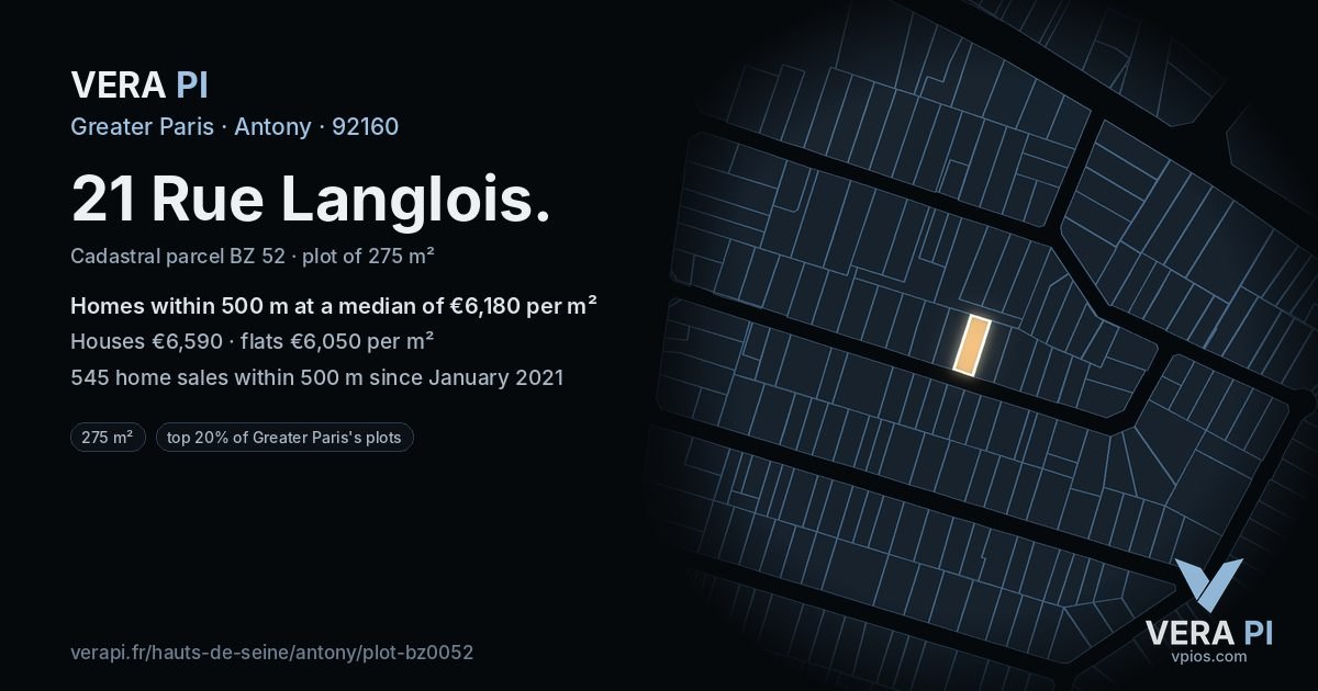 21 Rue Langlois, Antony at night – the plot lit, the parcels around coloured by the prices near them