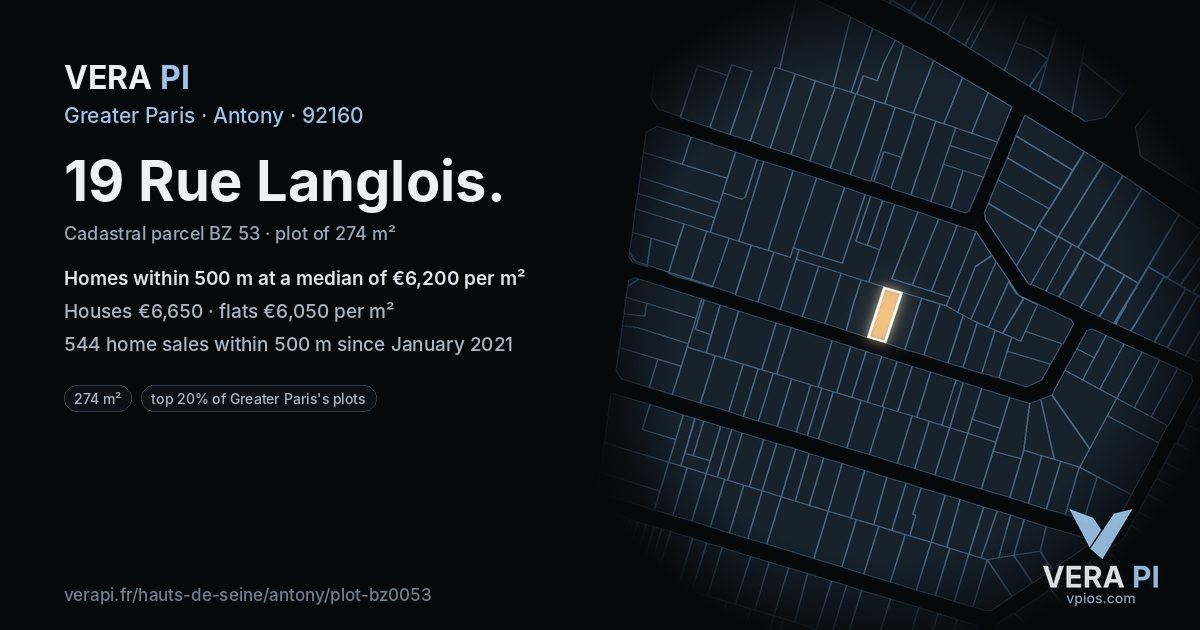 19 Rue Langlois, Antony at night – the plot lit, the parcels around coloured by the prices near them