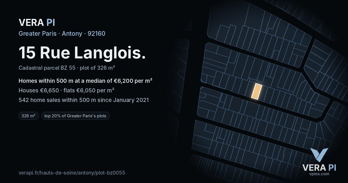 15 Rue Langlois, Antony at night – the plot lit, the parcels around coloured by the prices near them
