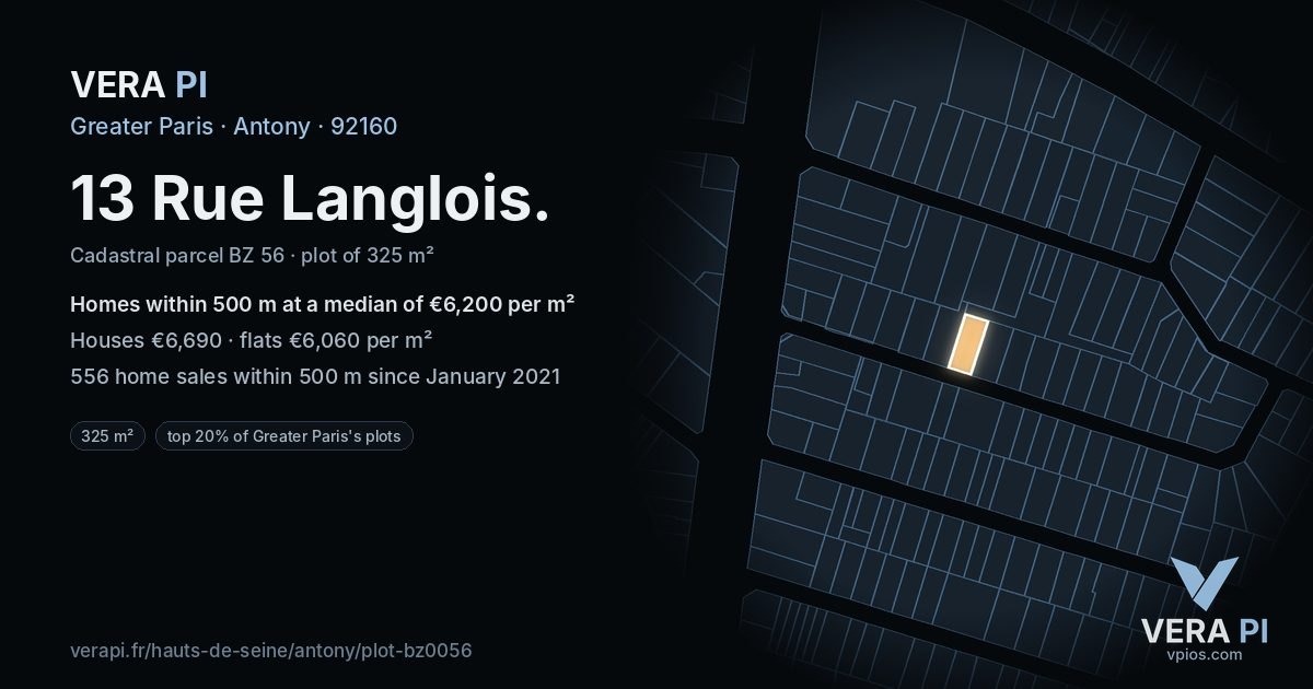 13 Rue Langlois, Antony at night – the plot lit, the parcels around coloured by the prices near them