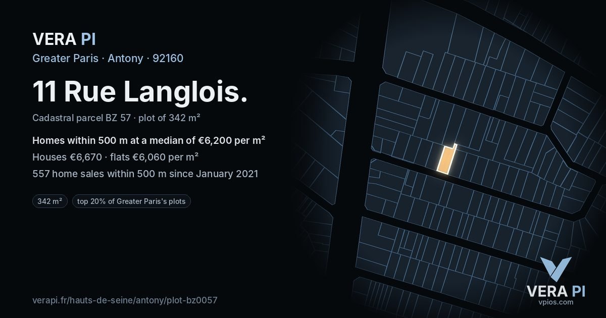 11 Rue Langlois, Antony at night – the plot lit, the parcels around coloured by the prices near them