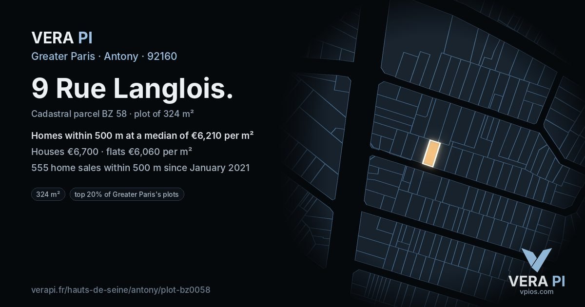 9 Rue Langlois, Antony at night – the plot lit, the parcels around coloured by the prices near them