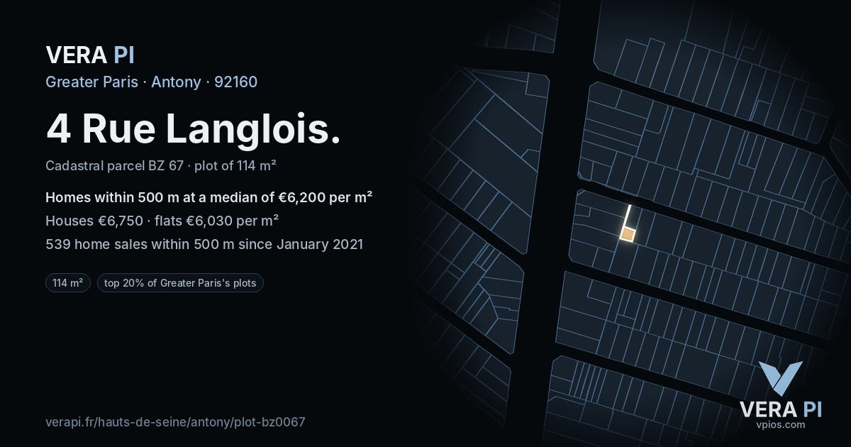 4 Rue Langlois, Antony at night – the plot lit, the parcels around coloured by the prices near them