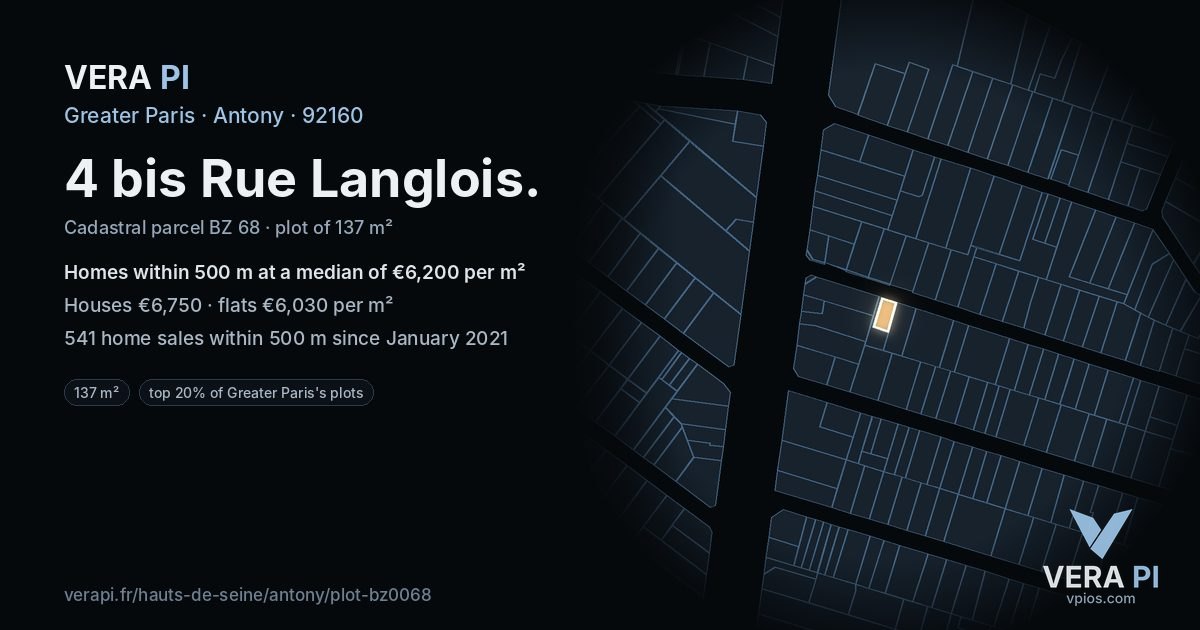 4 bis Rue Langlois, Antony at night – the plot lit, the parcels around coloured by the prices near them