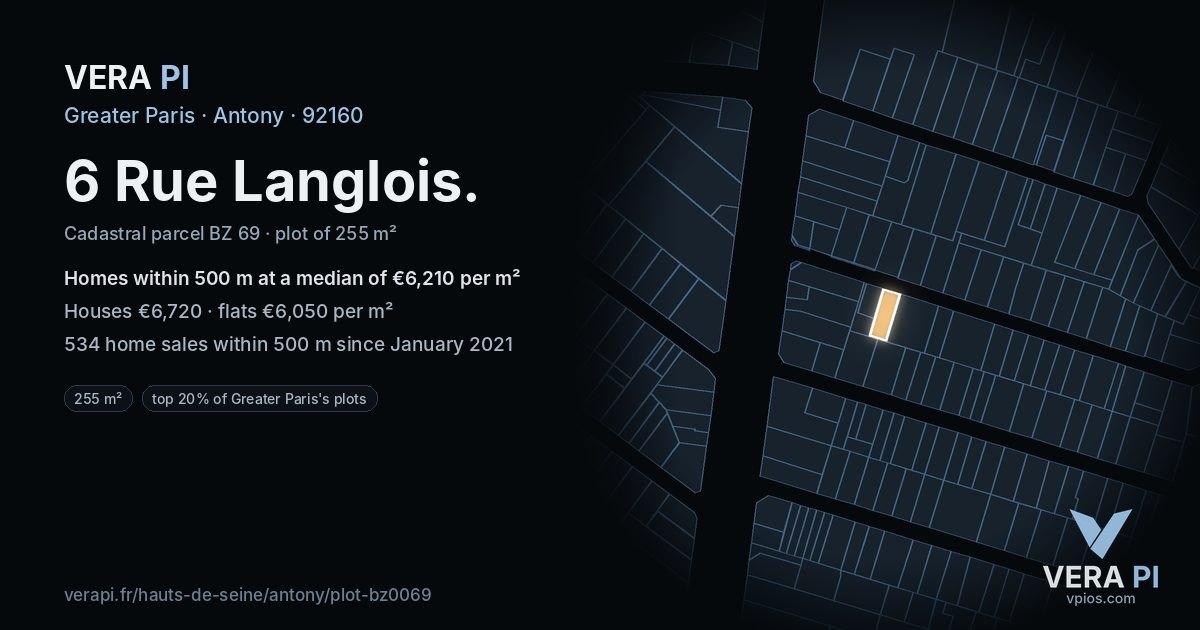 6 Rue Langlois, Antony at night – the plot lit, the parcels around coloured by the prices near them