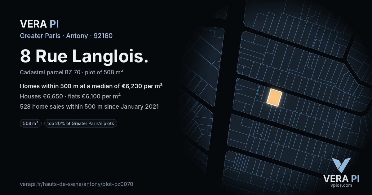 8 Rue Langlois, Antony at night – the plot lit, the parcels around coloured by the prices near them
