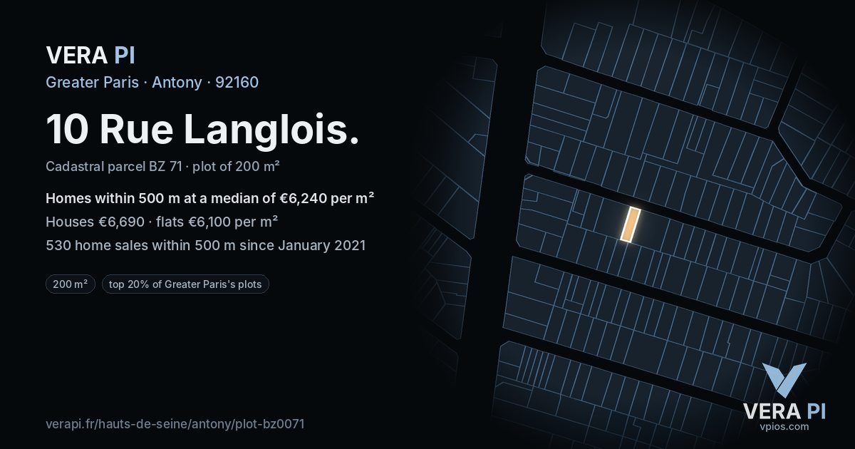 10 Rue Langlois, Antony at night – the plot lit, the parcels around coloured by the prices near them