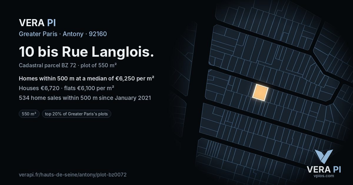 10 bis Rue Langlois, Antony at night – the plot lit, the parcels around coloured by the prices near them