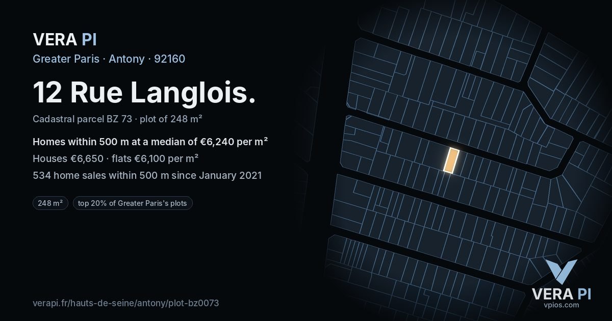 12 Rue Langlois, Antony at night – the plot lit, the parcels around coloured by the prices near them