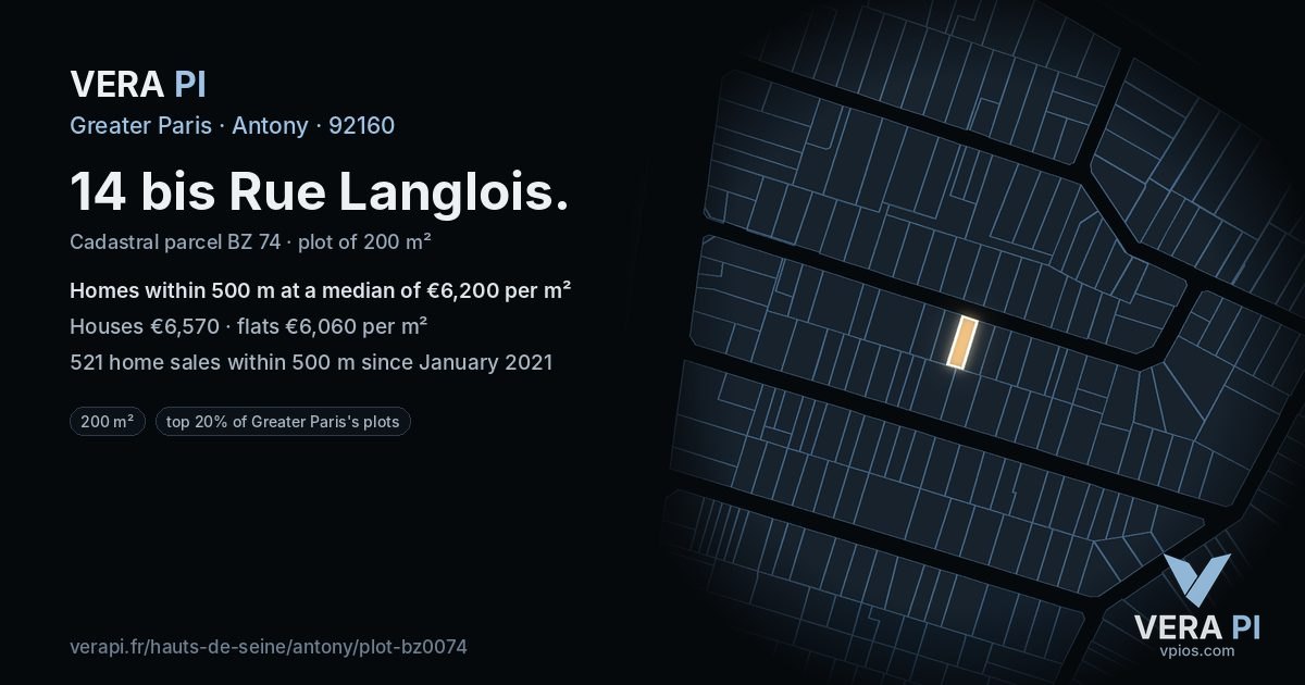 14 bis Rue Langlois, Antony at night – the plot lit, the parcels around coloured by the prices near them