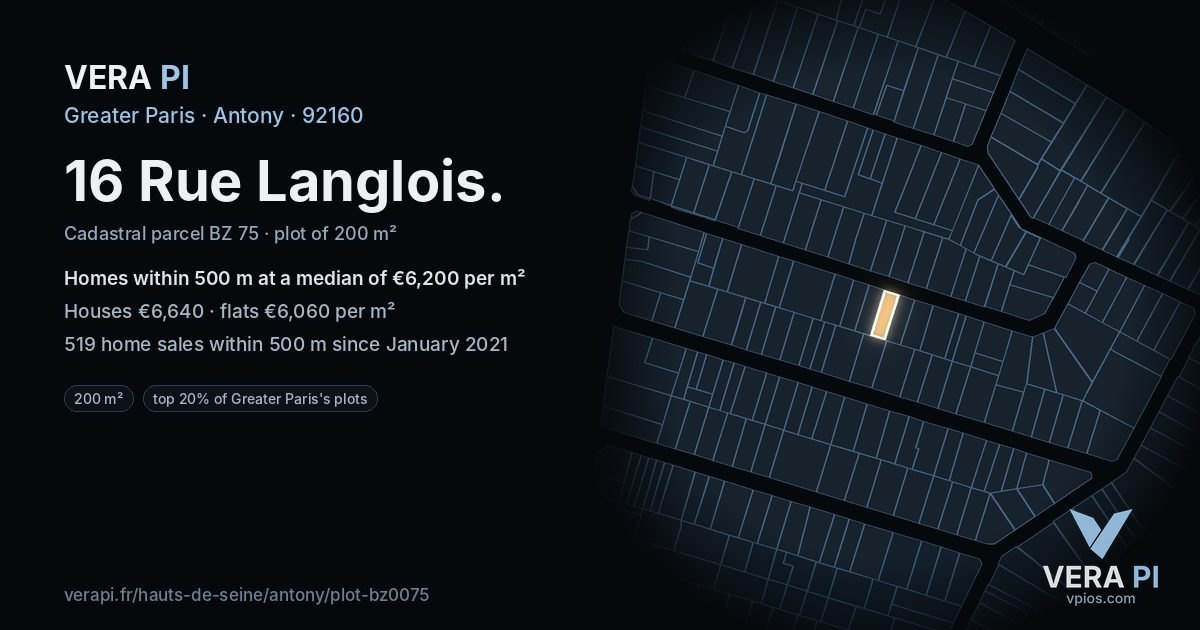 16 Rue Langlois, Antony at night – the plot lit, the parcels around coloured by the prices near them
