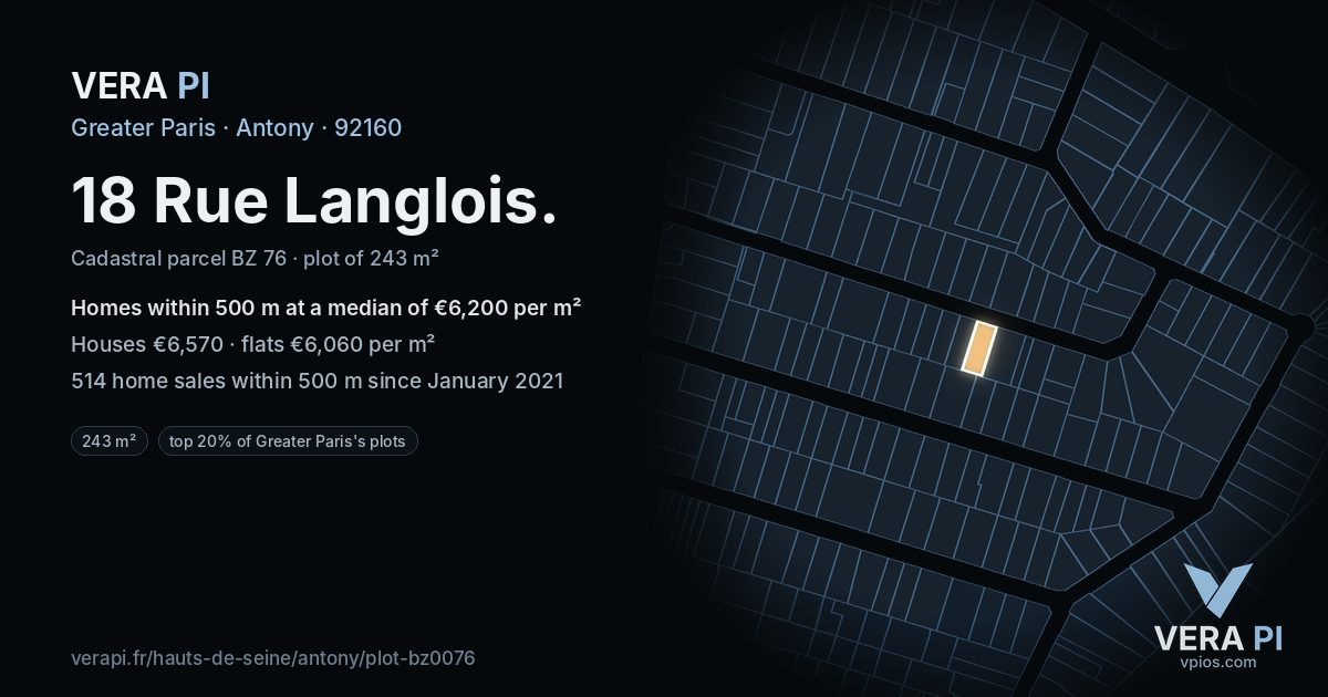 18 Rue Langlois, Antony at night – the plot lit, the parcels around coloured by the prices near them