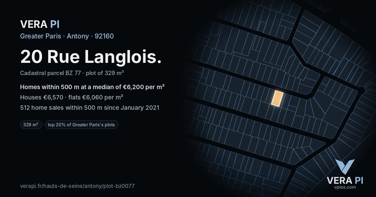 20 Rue Langlois, Antony at night – the plot lit, the parcels around coloured by the prices near them